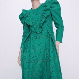 NWT Zara Green Embroidered Eyelet Ruffle Midi Dress